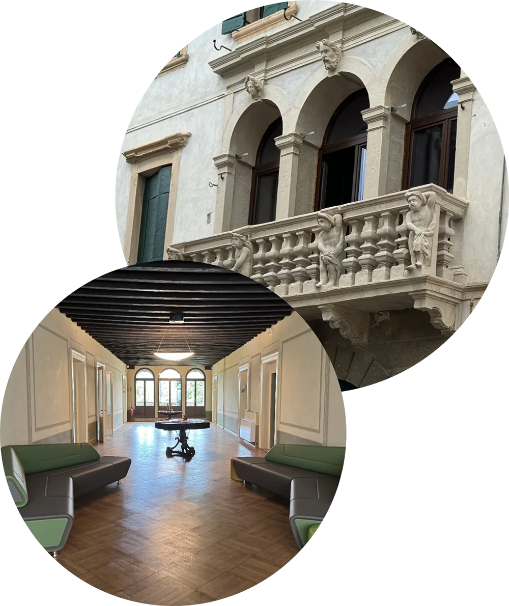 La sede di Tecnodata Ecogreen a Vittorio Veneto: la facciata del palazzo con il balcone e il salone interno